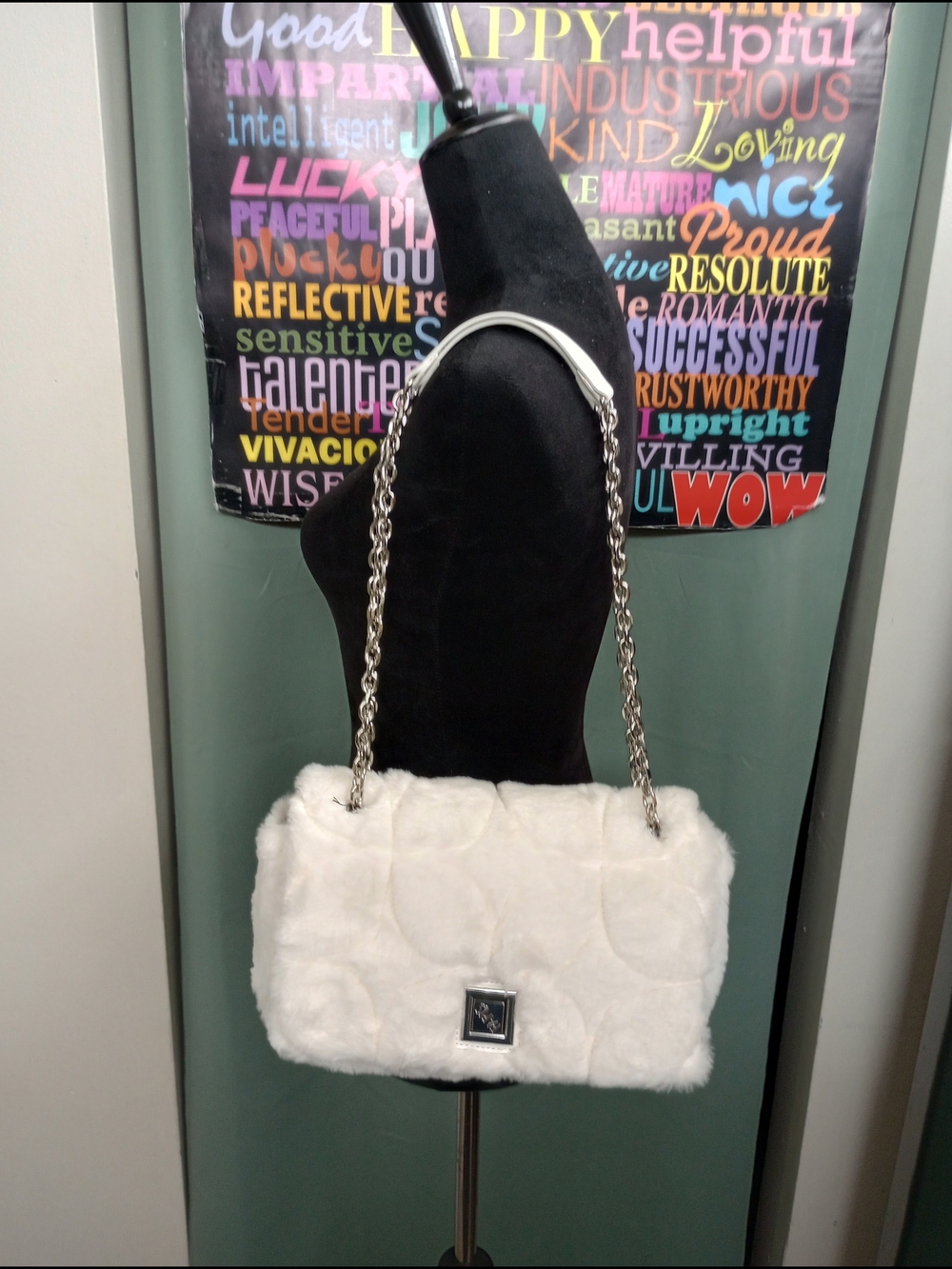 Paris Hilton White Faux Fur Chain-Handle Shoulder Bag!.